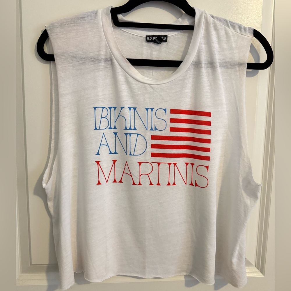 Express White Cropped Sleeveless Top with Red White and Blue Graphic